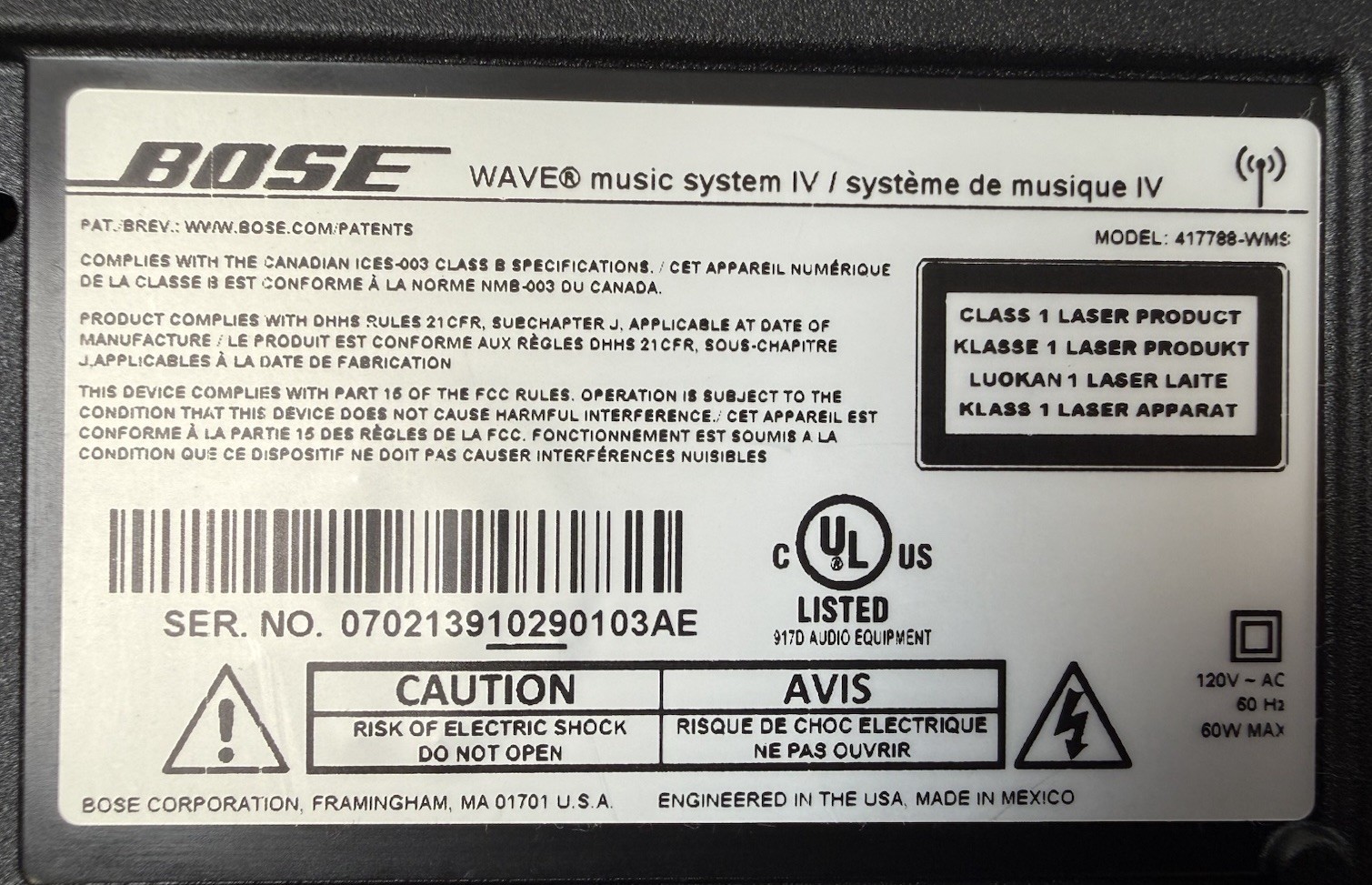 Bose Wave Music System IV CD Player/AM/FM Radio Model 417788-WMS With Remote