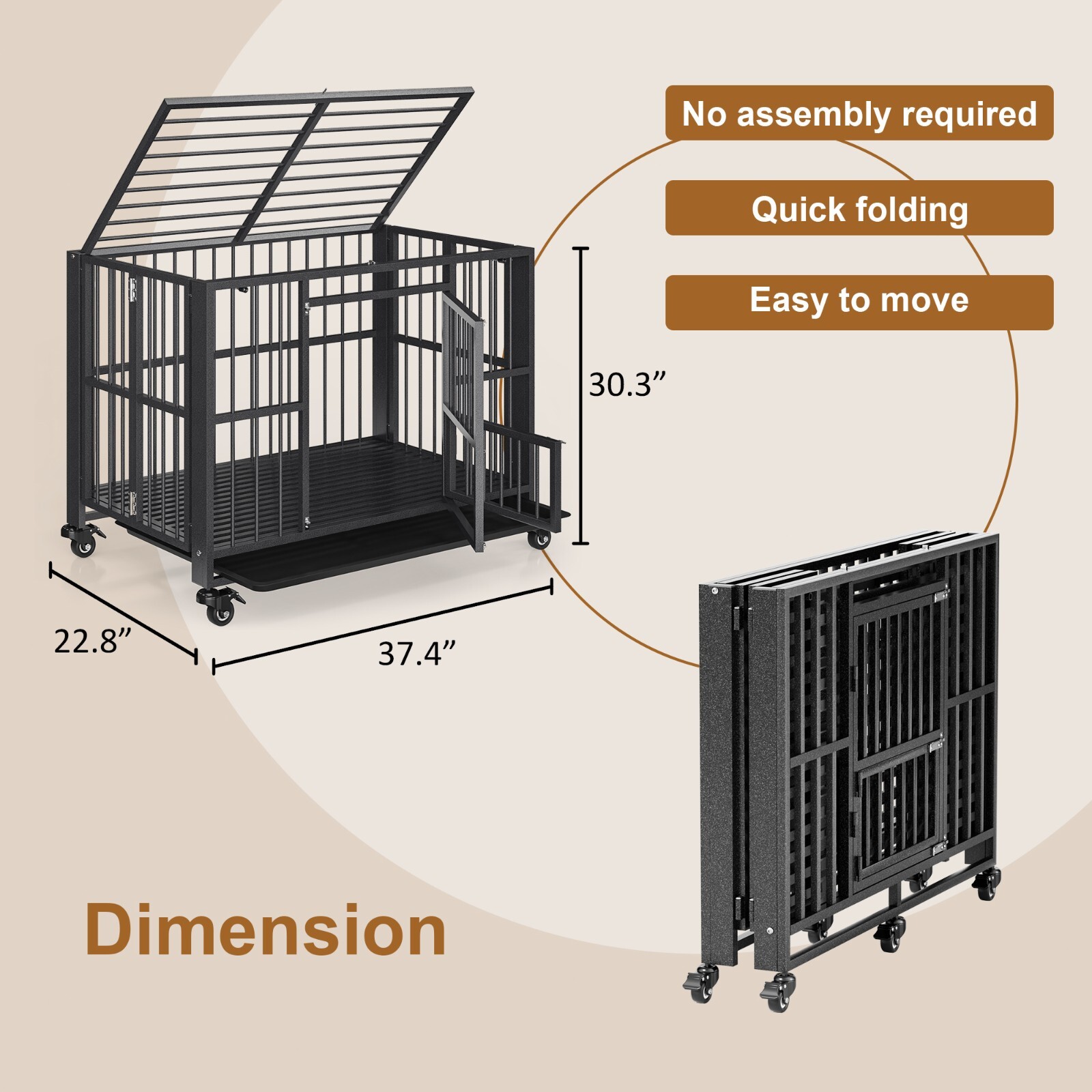 38/43/60 inch Heavy Duty Dog Crate,Folding Dog Kennel No Assembly Indoor