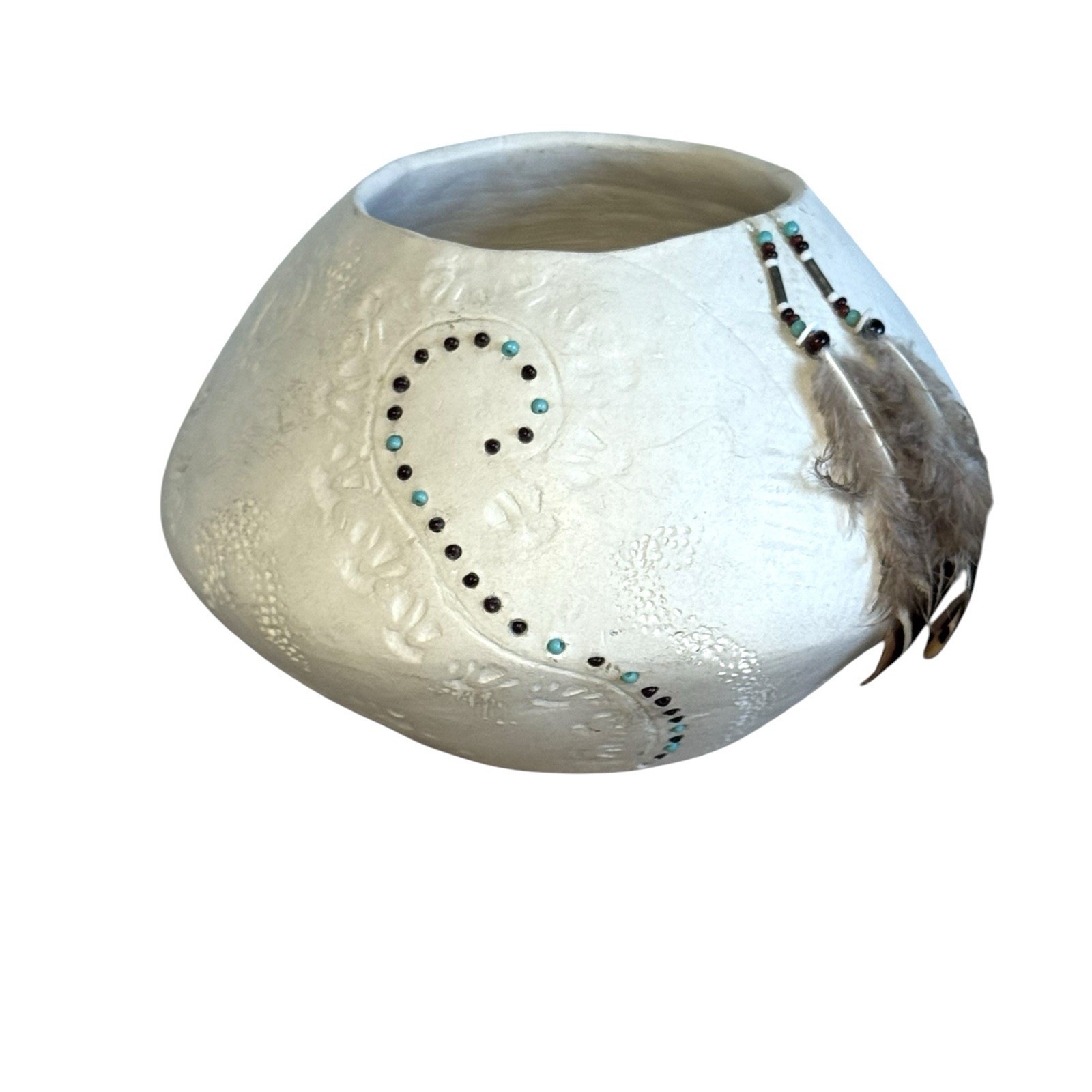 Navajo Vase Blomgren Art Piece Interior relief figurine Feathers Vintage