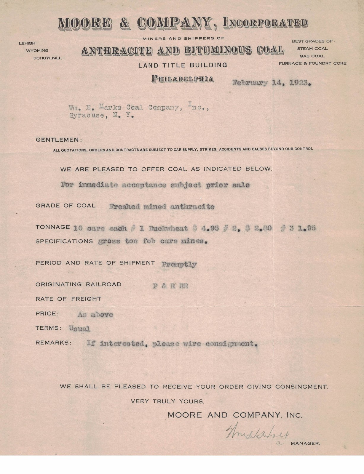 1923 Moore & Company Philadelphia Coal Offer Letter Anthracite Bituminous