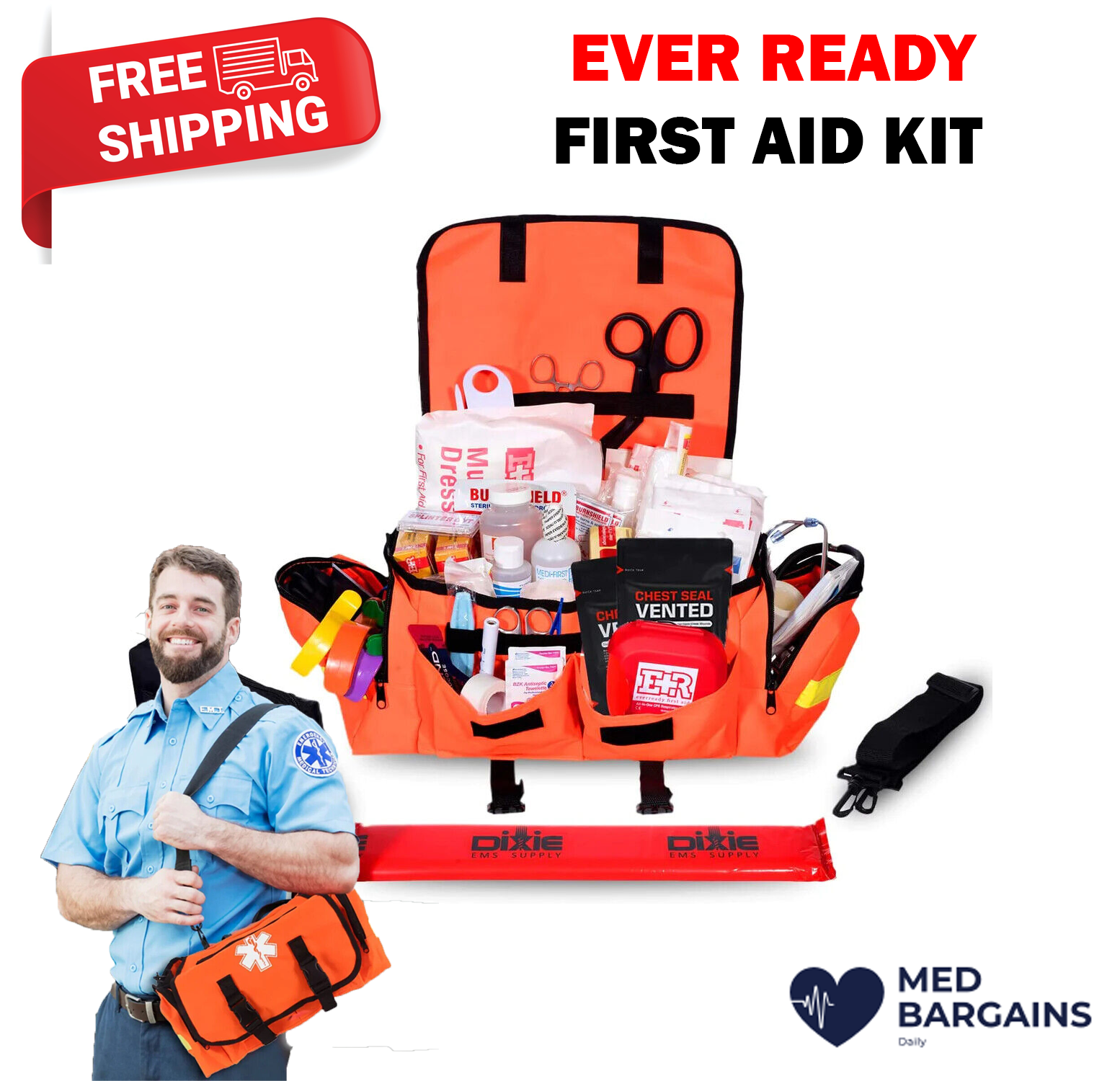 Ever Ready First Aid EMT Trauma Kit Fully Stocked w Bandages Shears & Chest Seal