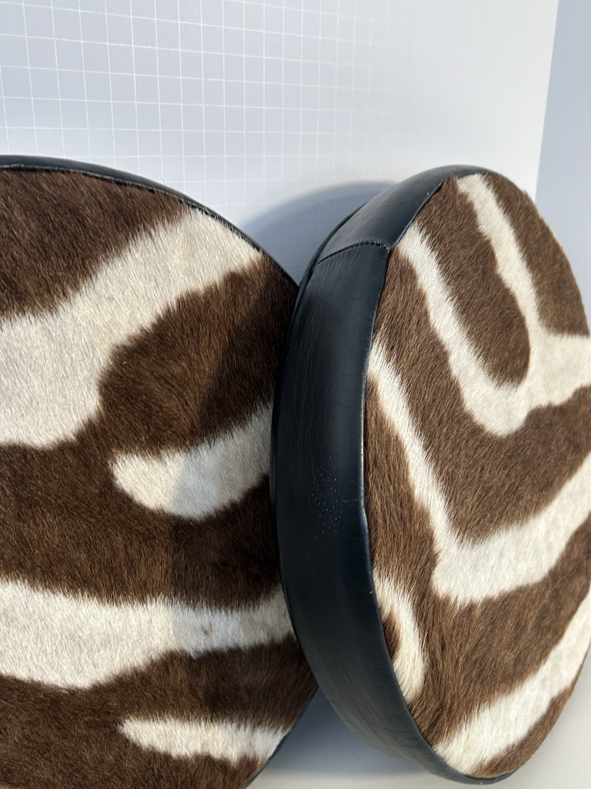 Pair of Vintage Authentic Zebra Hide Cushions - Safari African Animal Round 14”