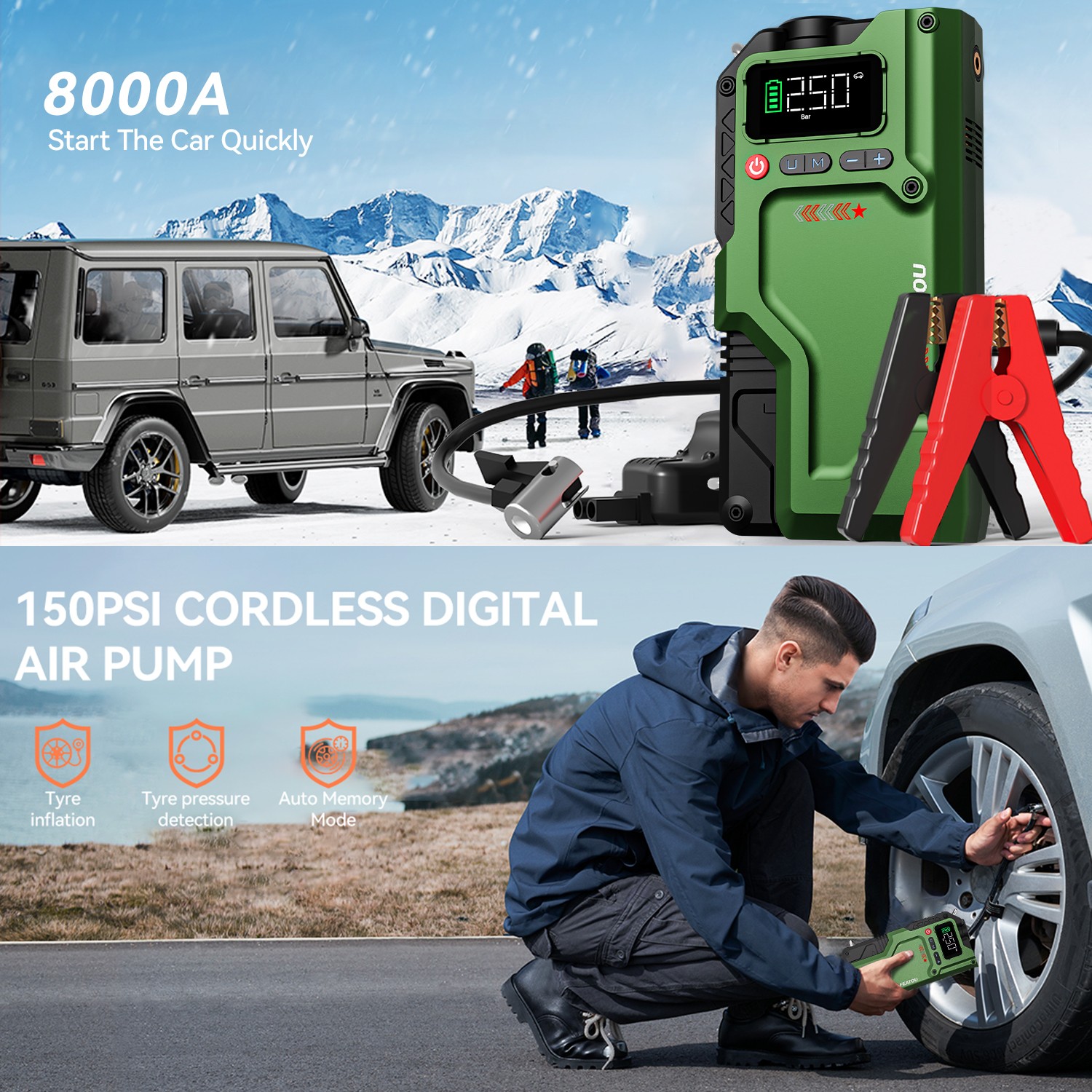 Featou 8000A Car Jump Starter with Air compresso Power Bank Battery Charger 12V