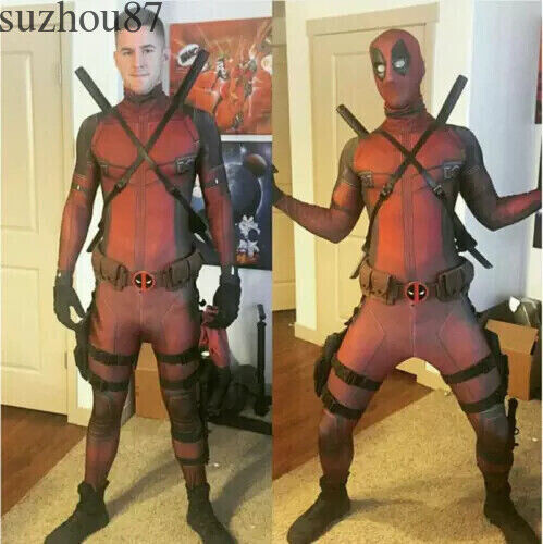 USA Kids Deadpool Halloween Cosplay Costume Jumpsuit Zentai Bodysuit Accessories