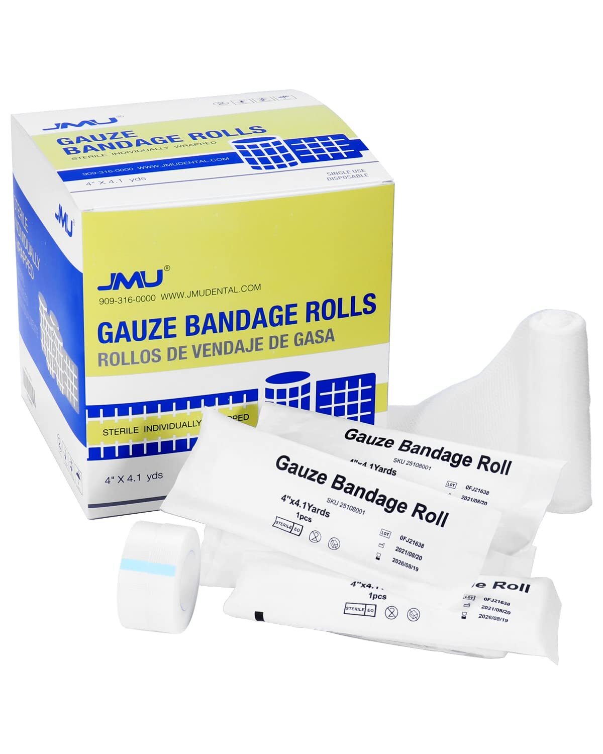 24 Rolls/Box, Rolled Gauze Bandage 4"x4.1 yd Sterile Stretch w/ 2 Medical Tape