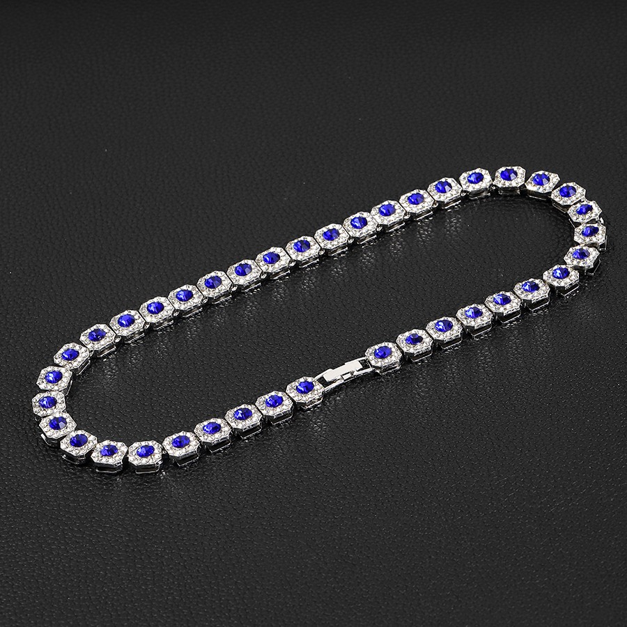 Silver Plated Stainless Steel 22 Inch Necklace Cubic Zirconia Blue Center Stone
