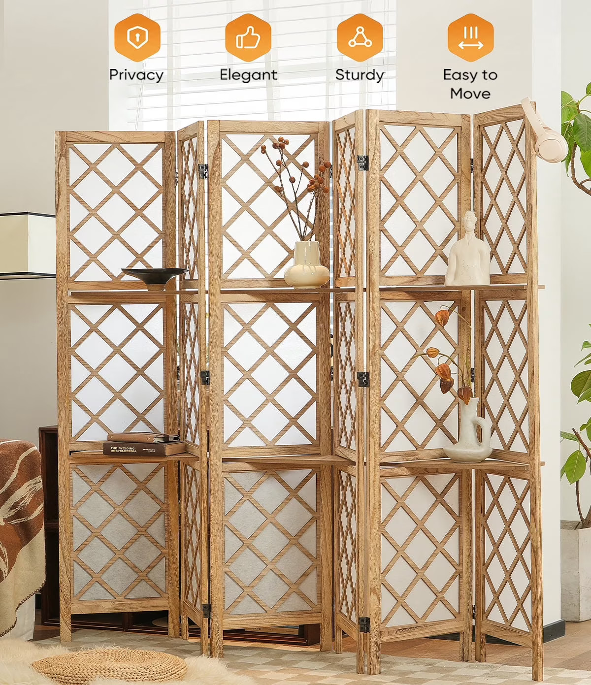 Jostyle 4/6 Panel Room Divider Privacy Screen with Storage Shelves Foldable Wood