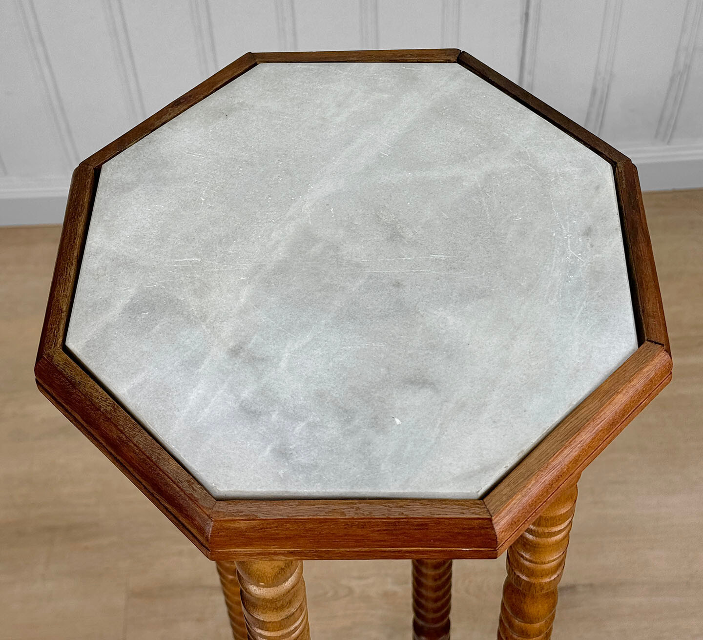 Vintage Traditional Turned Walnut & Marble Plant Stand Pedestal