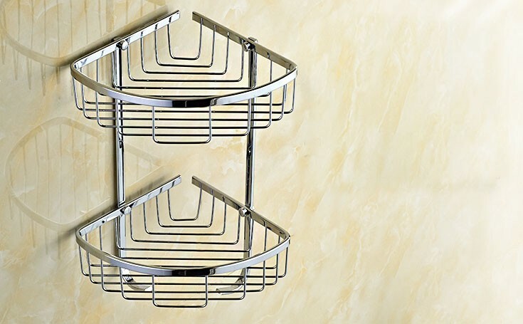 Polished Chrome Brass Corner Shower Caddy 2 Tier Bath Storage Shelf Rack Basket