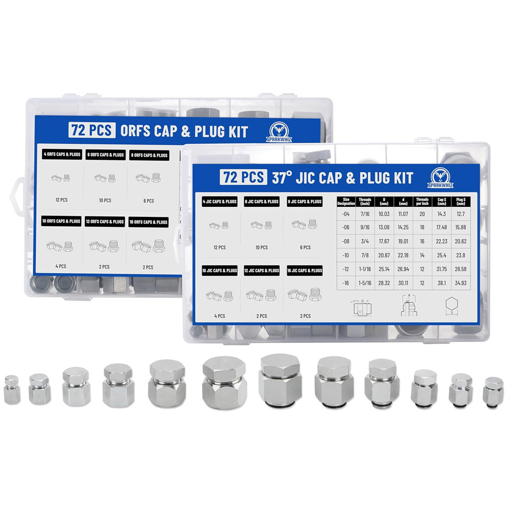 144Pcs 37° JIC & ORFS Hydraulic Cap and Plug Kit Hose Tube and Pipe Fitting Set