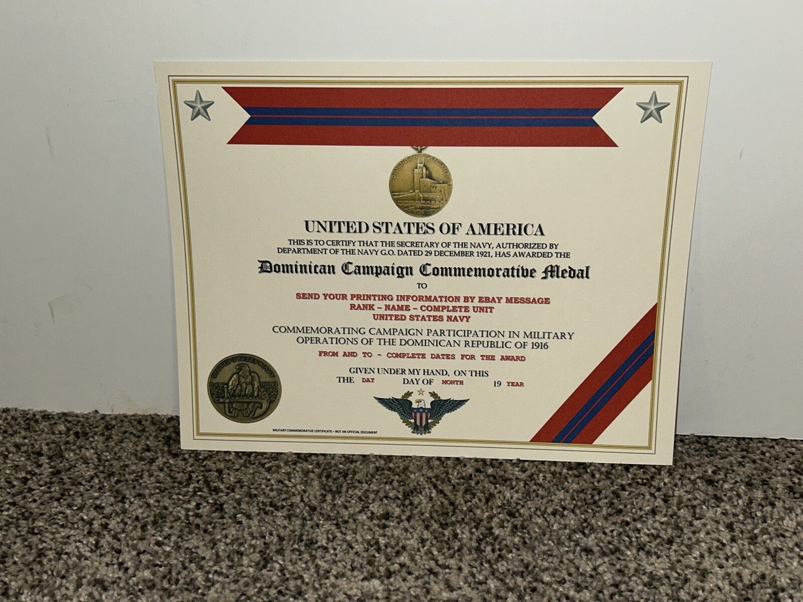 DOMINICAN CAMPAIGN (NAVY) COMMEMORATIVE MEDAL CERTIFICATE ~ W/PRINTING TYPE-1