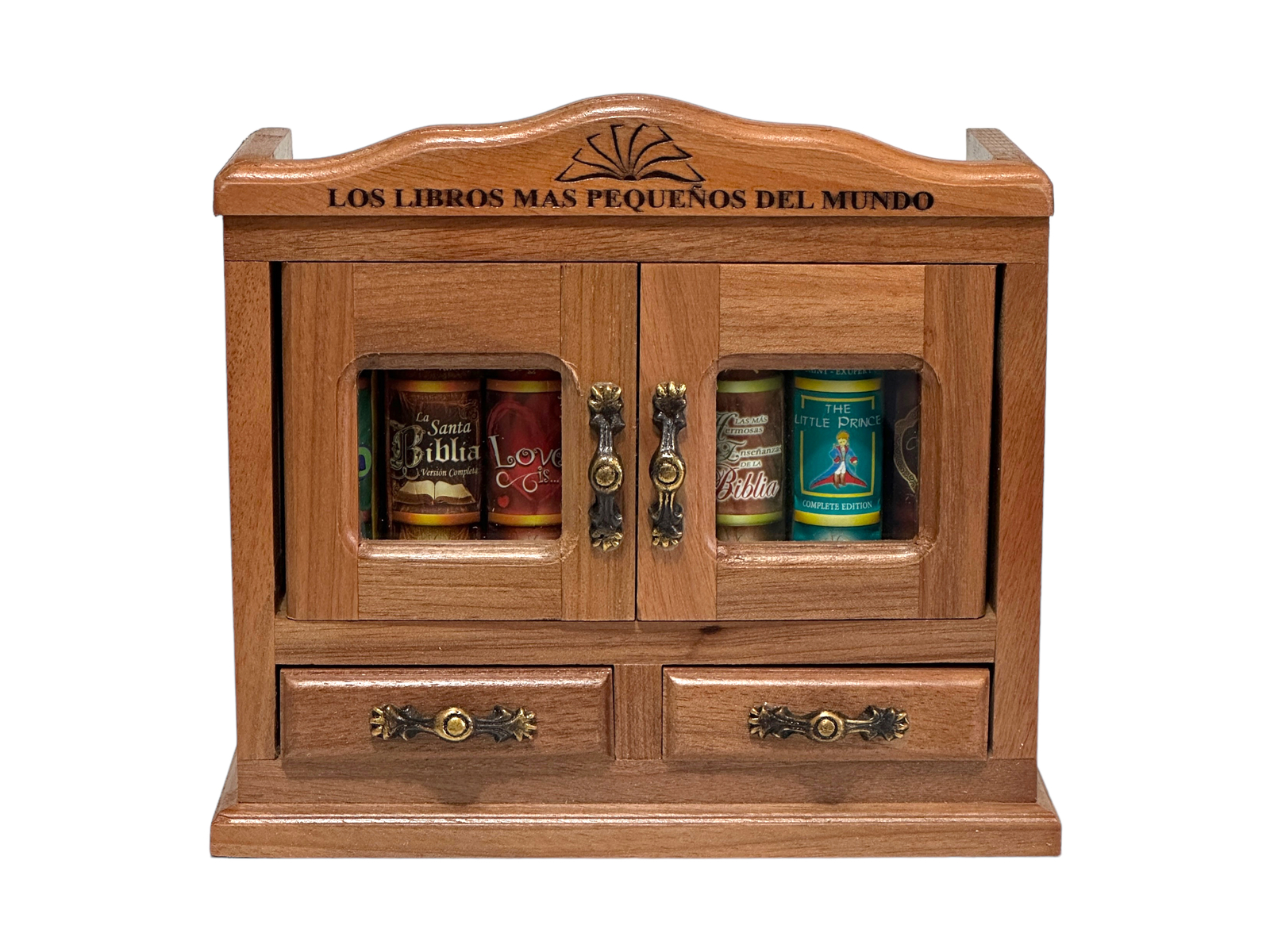 new Bookcase Armoire wood and glass, copper hinges for 7 mini books 7 inc high