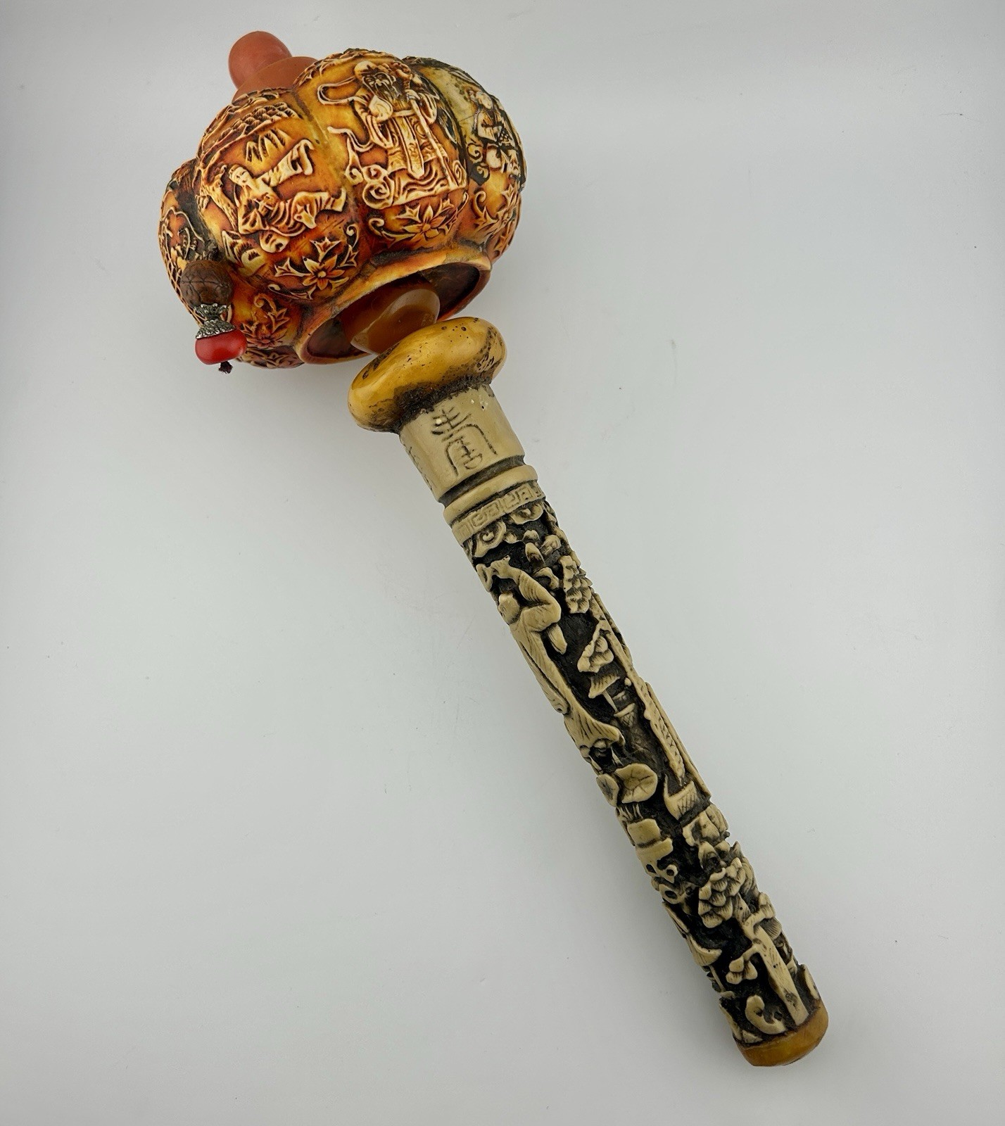 Tibetan Buddhist Prayer Wheel Resin Faux Coral, Bone, & Amber Handheld 1970s VTG