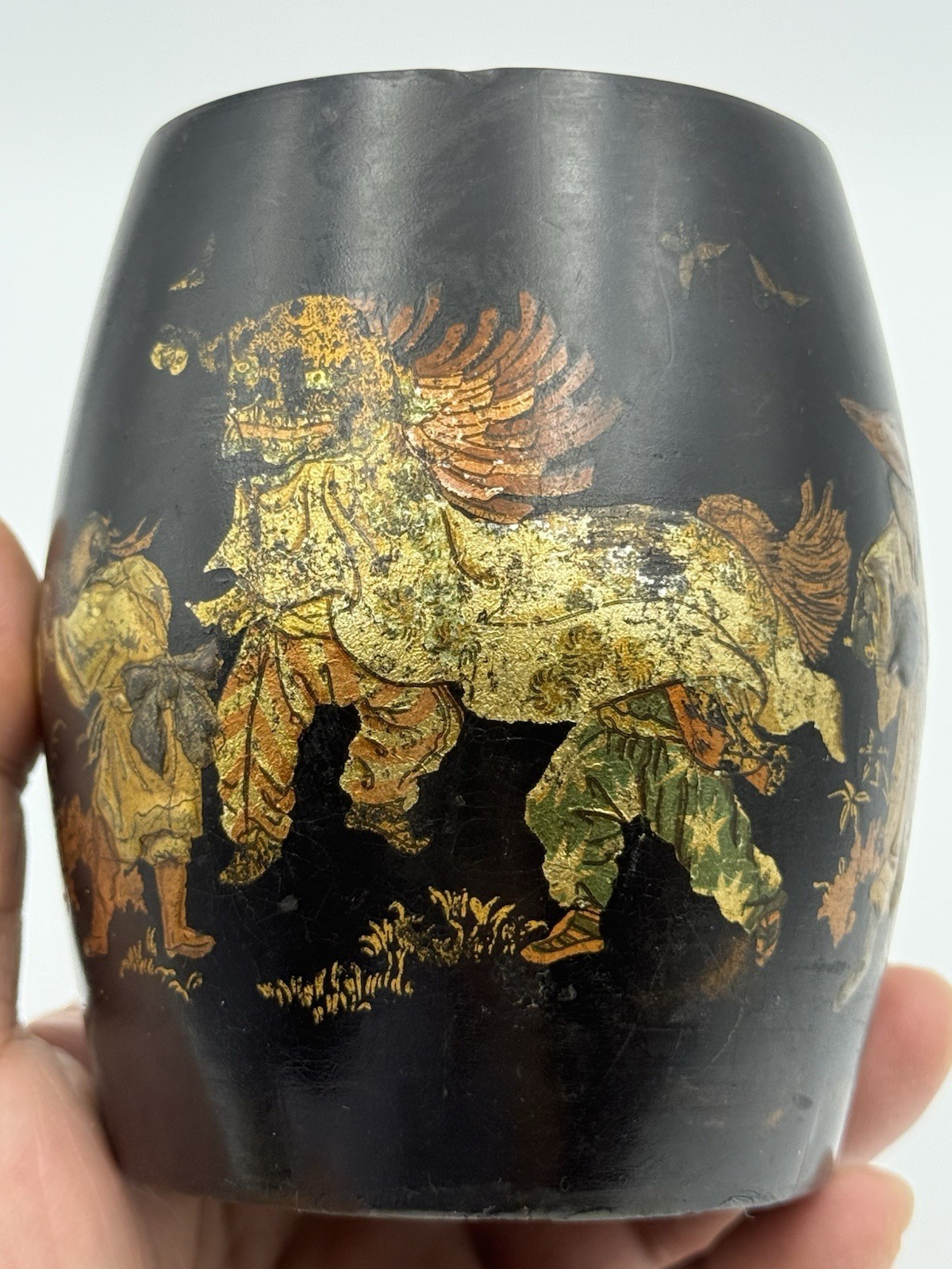Antique Vietnamese Sơn Mài Lacquer Brush Pot • Múa Lân Lion Dance • Hand Painted