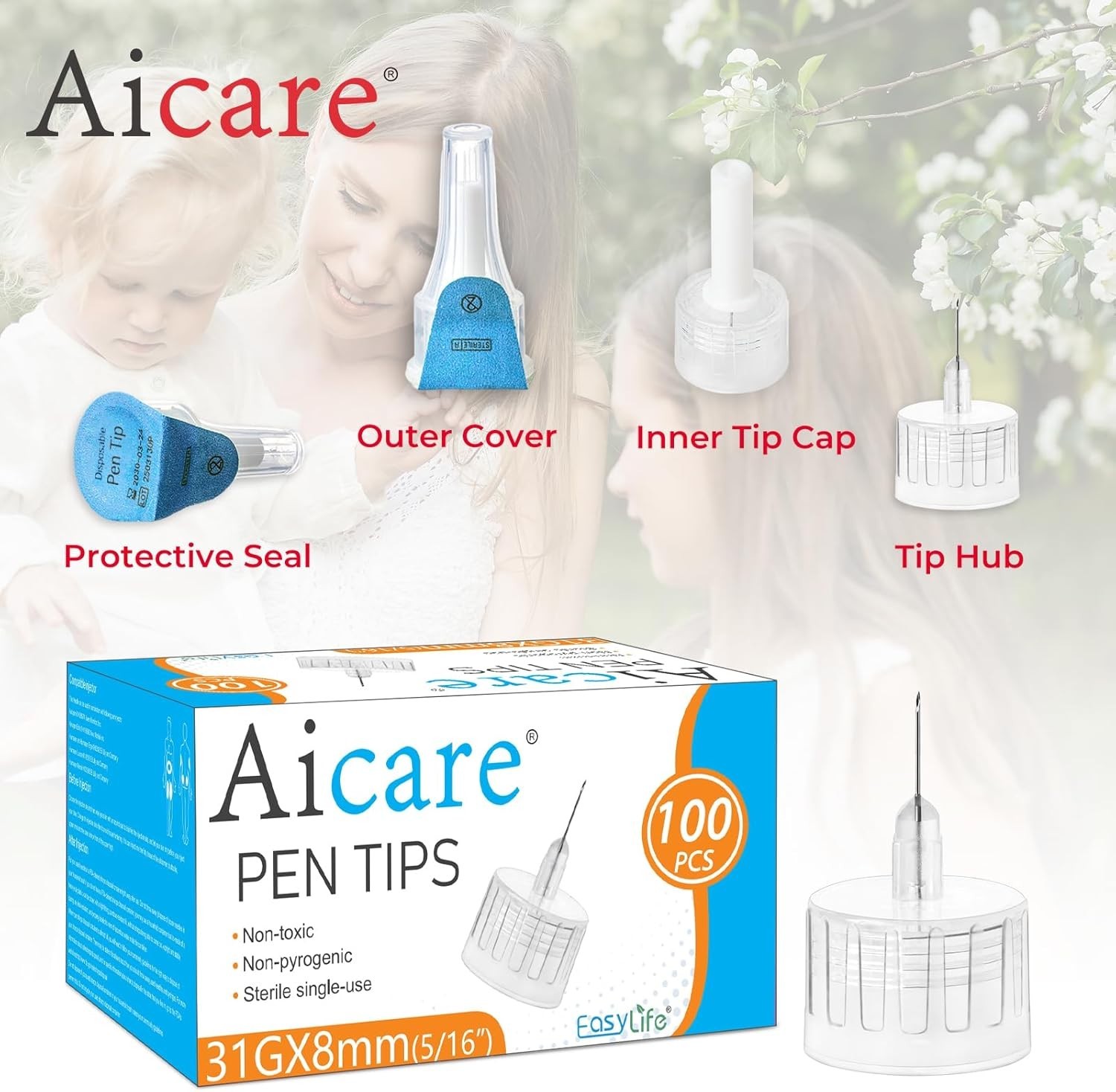 Pen Tips Silicone 31G x 8mm Box of 100 Extra-Thin Wall for Universal Fit