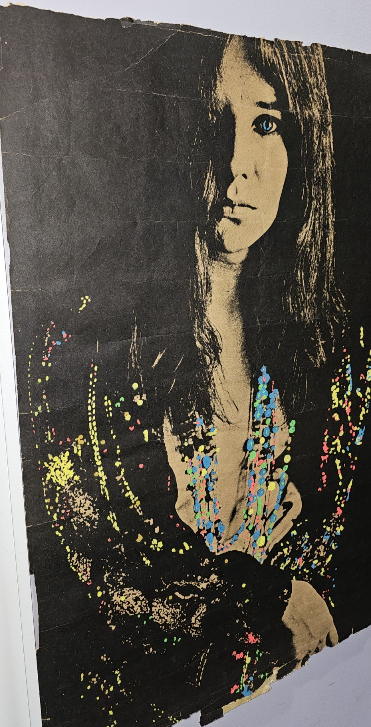 Vintage Janis Joplin Black & White Poster Altered Hand Painted Blacklight Paint