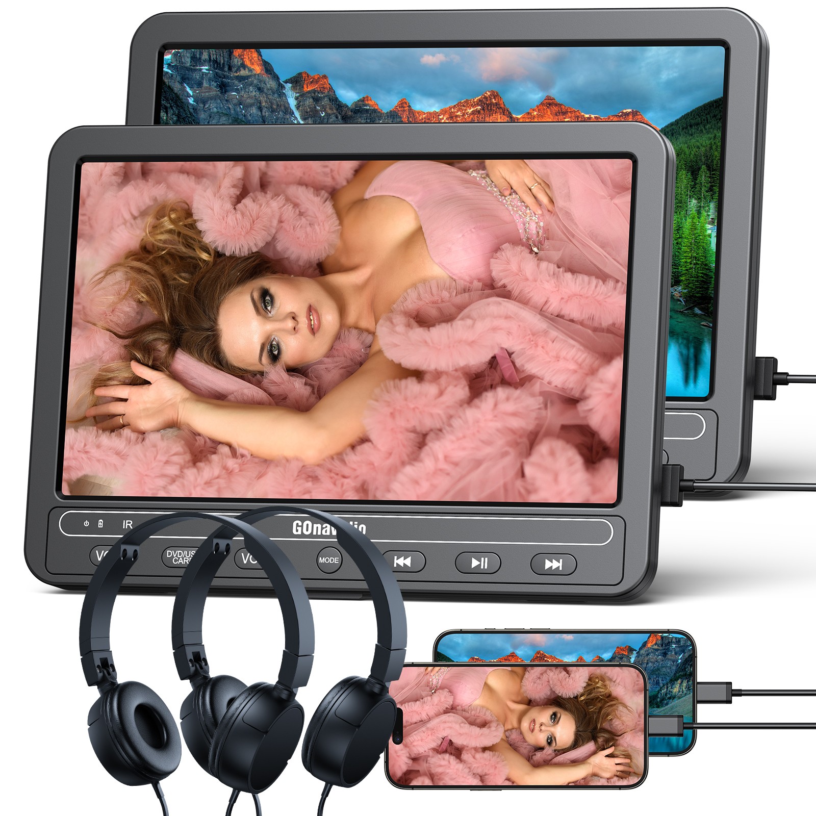 2X10.5" Car Headrest DVD Player TV for Kids Sync Screen HDMI SD USB +Headphones