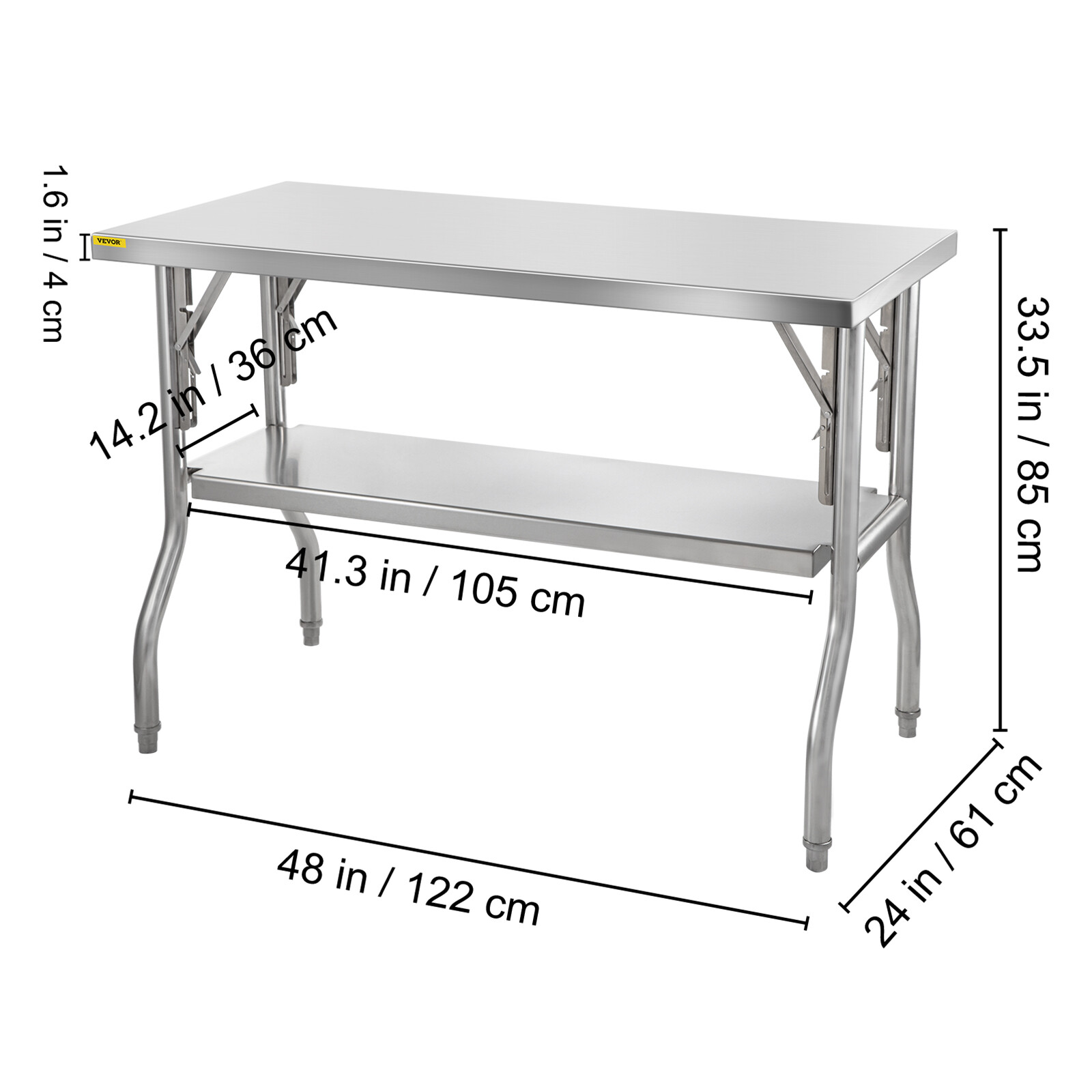 VEVOR Commercial Stainless Steel Folding Work Prep Tables Open Kitchen 48x24 In
