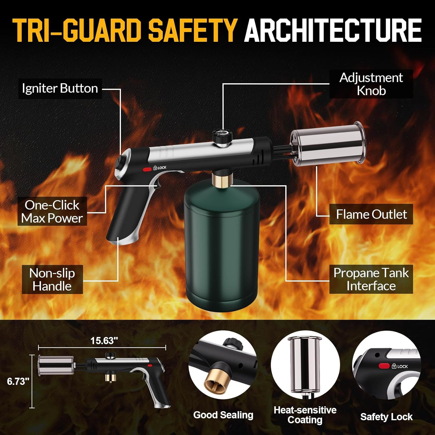 Propane Torch with One-Click Max Fire, Flame Thrower Gun Charcoal Lighter with a
