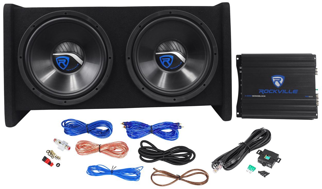 Rockville RV12.2B 1200w Dual 12" Car Subwoofer Enclosure+Mono Amplifier+Amp Kit