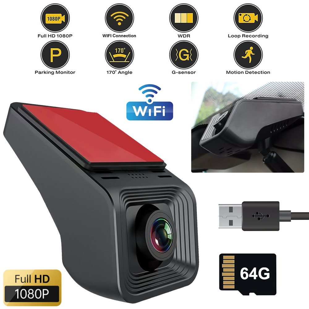 1080P HD USB Car DVR Dash Cam Camera ADAS Drive Video Recorder With 64G TF Card