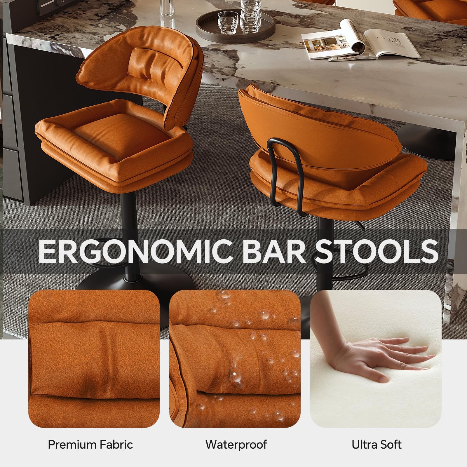Modern Bar Stools Set of 2 Ergonomic Upholstered Swivel Adjustable Orange