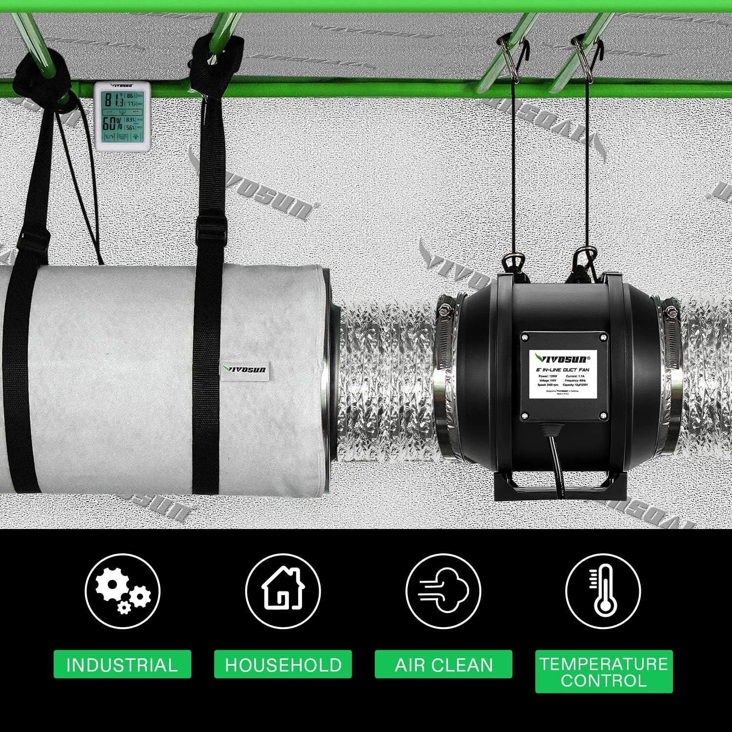 VIVOSUN 4/6/8 Inch Inline Fan w/ Speed Controller Carbon Filter,8ft of Ducting