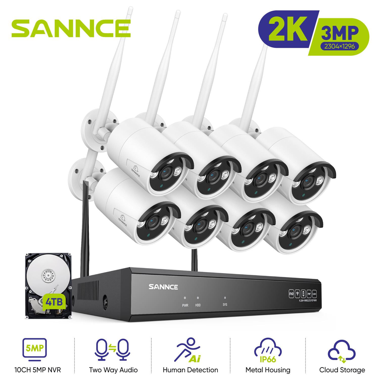 SANNCE Wireless 3MP Security Camera System 5MP 8CH NVR Two-Way Audio Recording