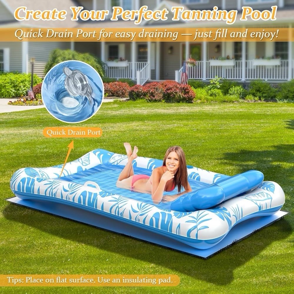Rrtizan Inflatable Tanning Pool Float, 4-in-1 Lounge with Pillow & Cup Holder