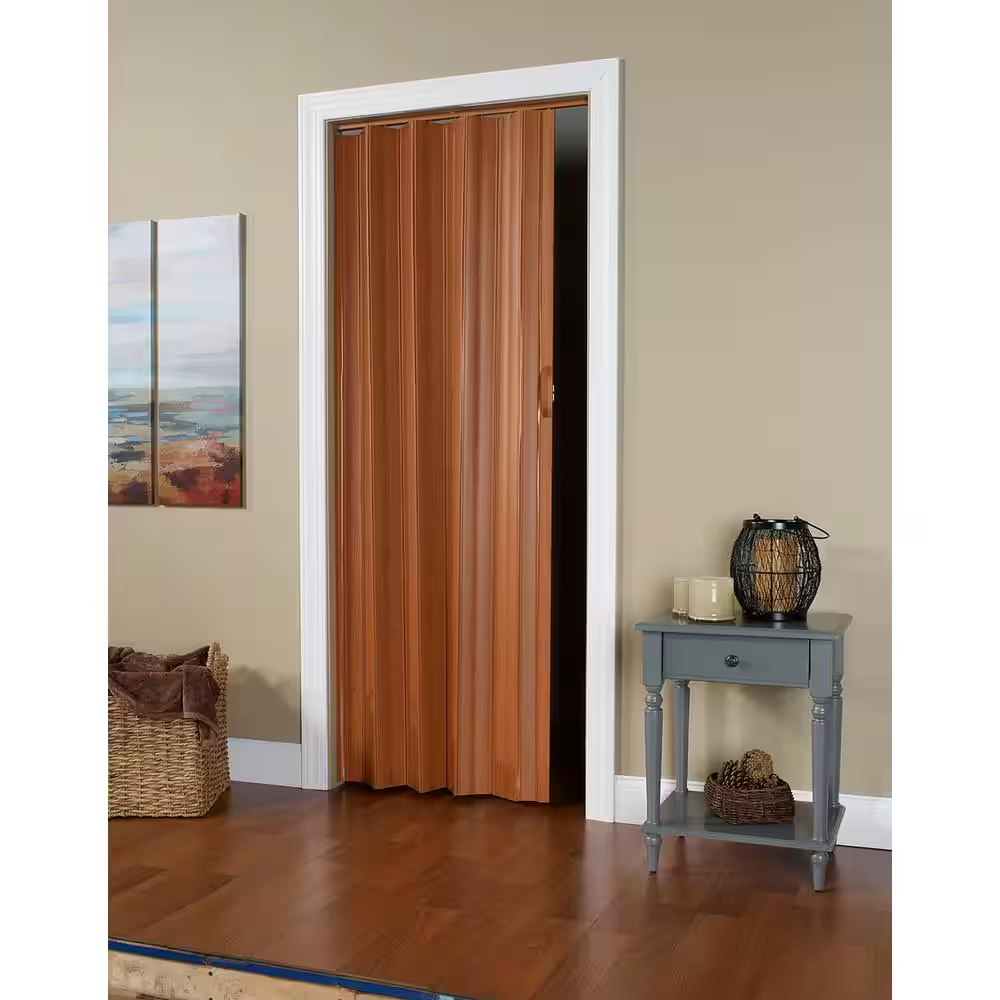 36 in. x 80 in. Fruitwood Vinyl Accordion Folding Door with Hardware Trimmable