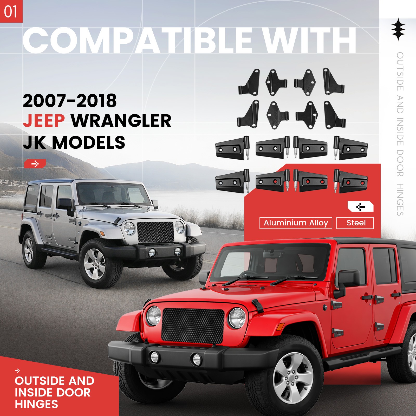 Fits 2007-2018 Jeep Wrangler JK Body Door Hinge Replacement Set Screw-On 16pcs