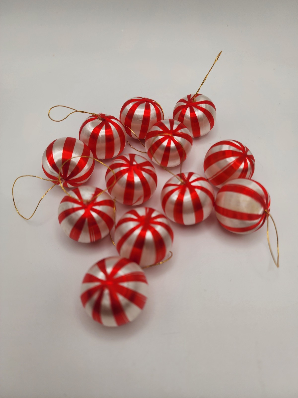 Christmas Ornaments Baubles Satin Sheen Red White Striped Mini Vintage Set Of 12