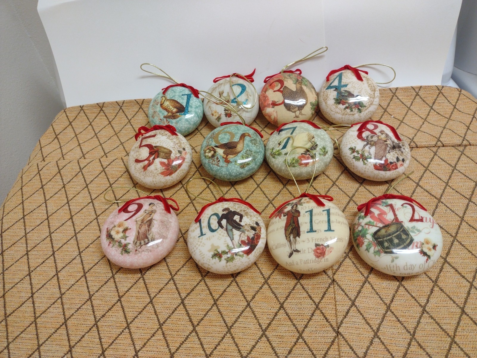 Kurt Adler Decoupage Plastic Ornaments 12 Days of Christmas 3.5"Boxed New Open