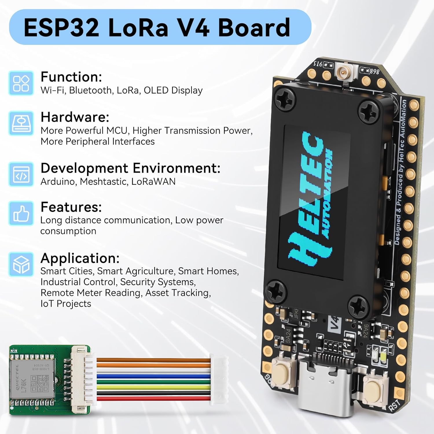 Heltec ESP32 LoRa V4 OLED Dev Board+ 915MHz Antenna+GPS Module for Meshtastic