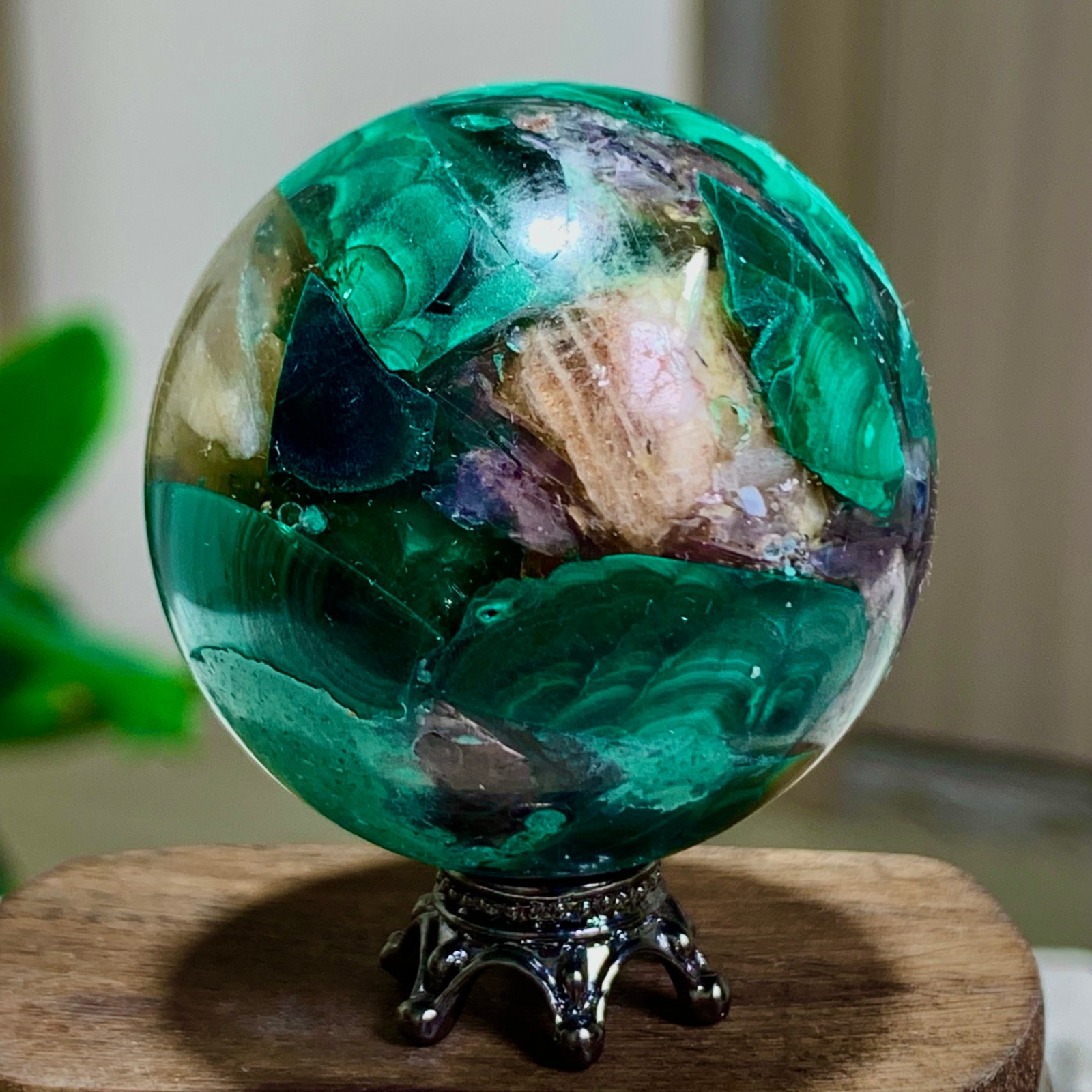 79G Newly discovered rare malachite purple mica symbiotic sphere restoration