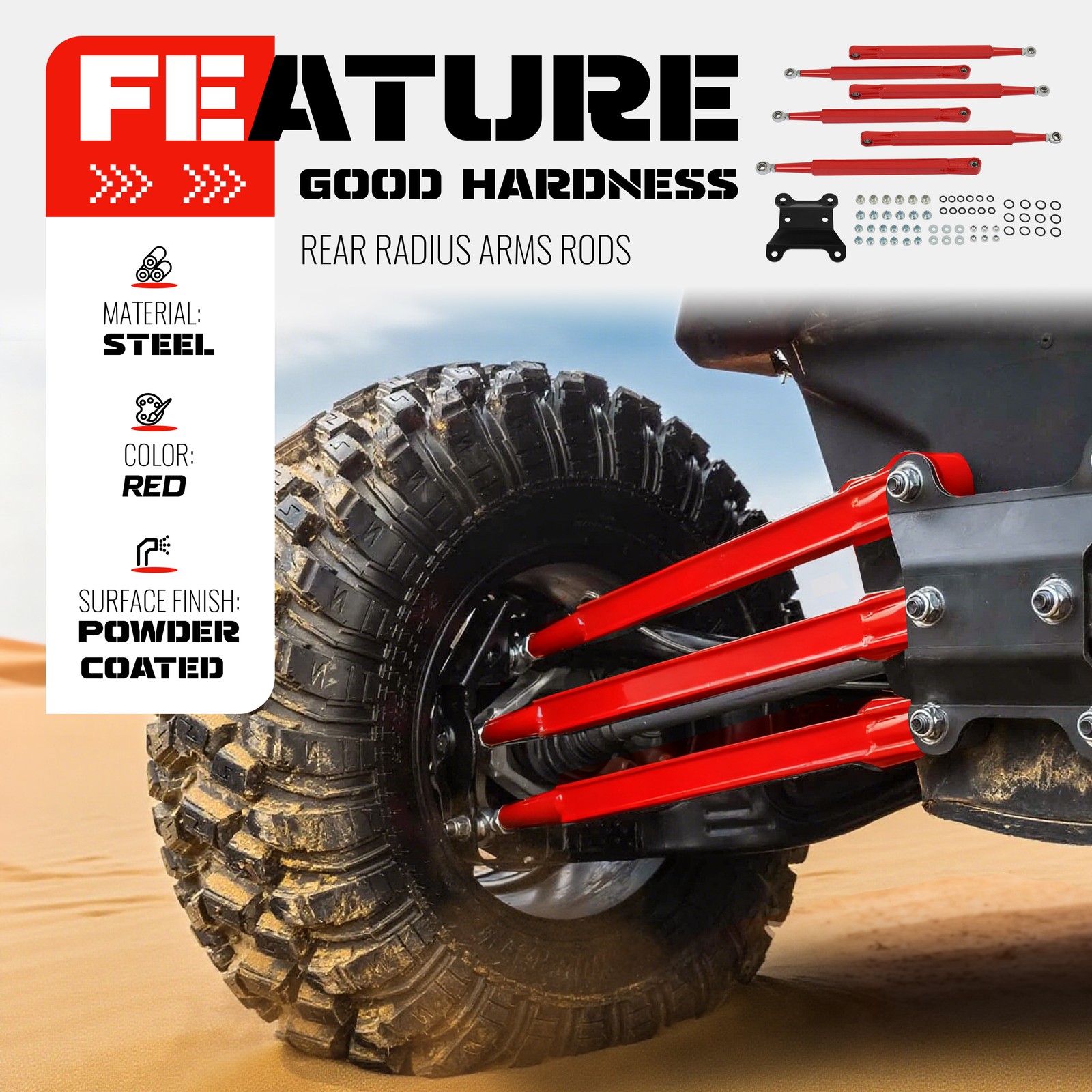 Red Boxed Rear Radius Arms For Can-Am Maverick X3 2017+ 64\" Body Powder Coated