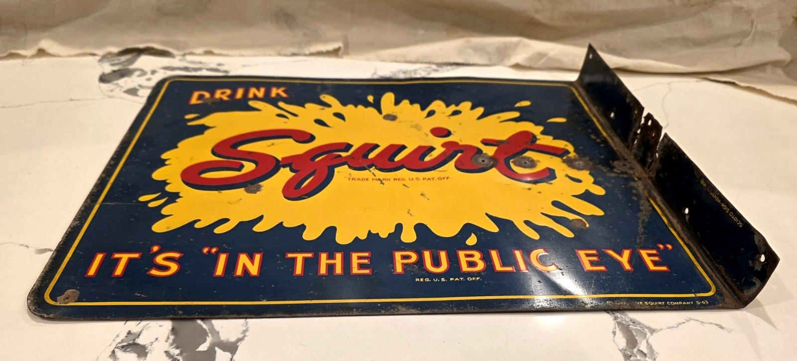 Rare Original 1963 Drink SQUIRT Flange Sign - It's In The Public Eye - 18" x 14"