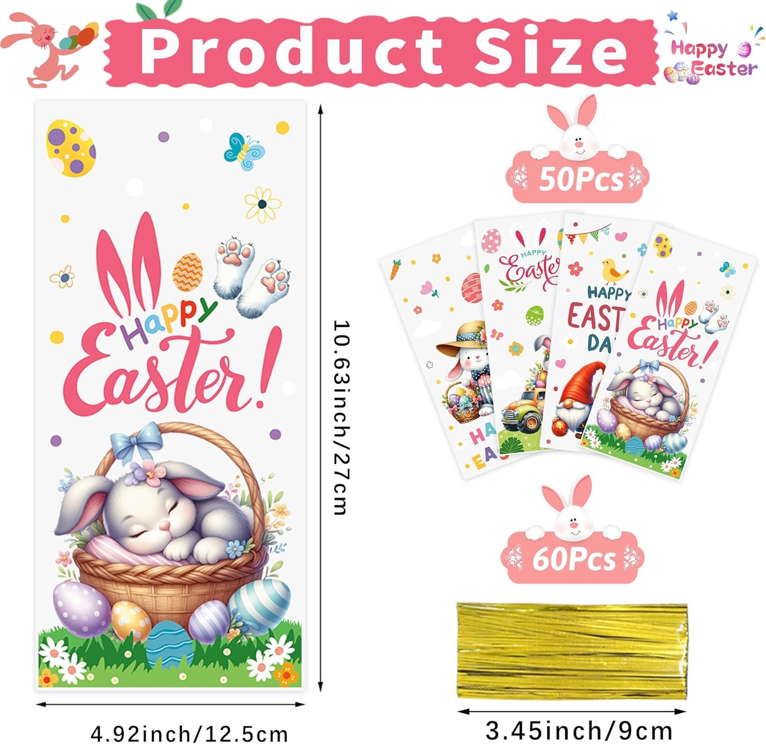 50 Pcs Easter Cellophane Treat Bags: Clear Easter Cellophane Goodie Bags with 60