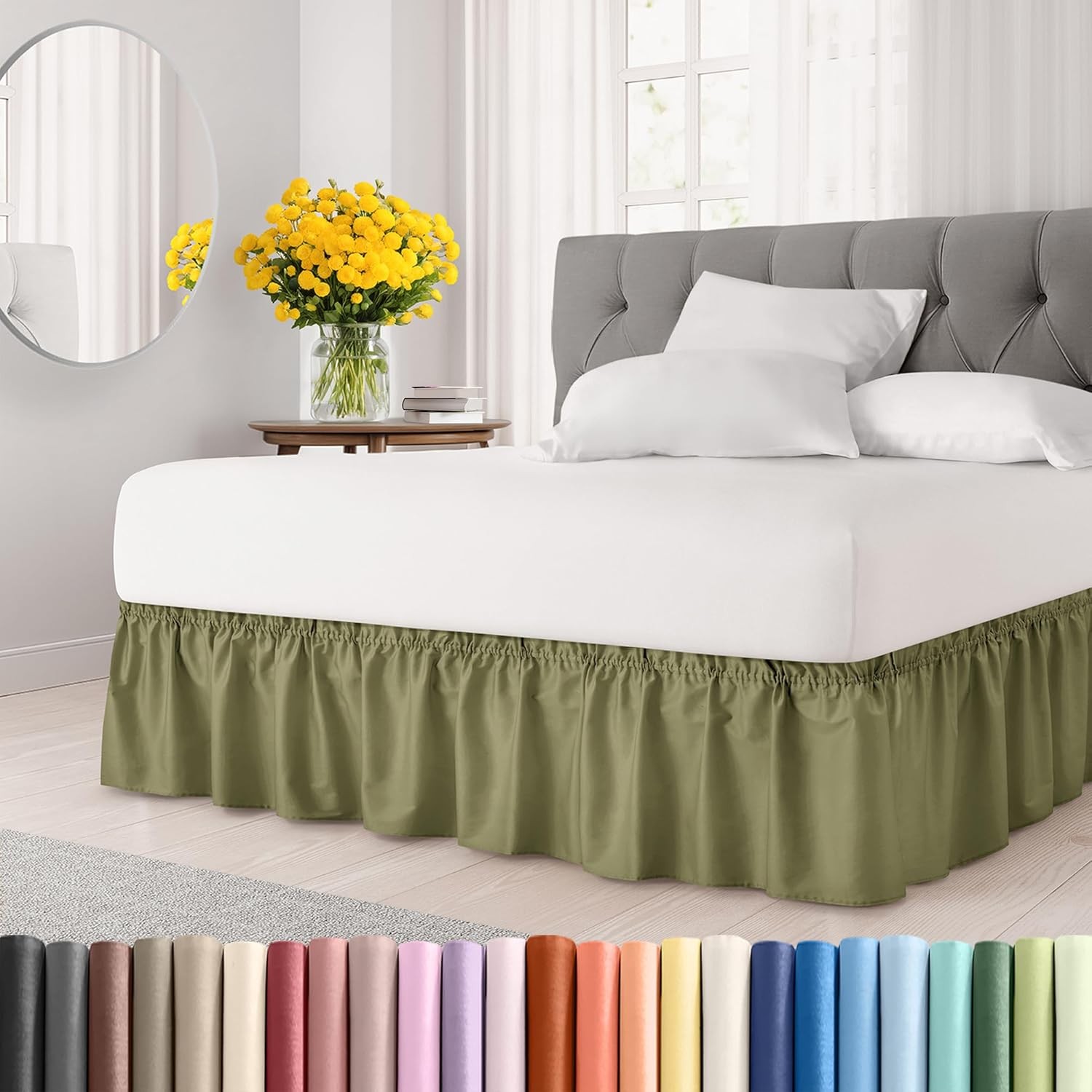 Wrap Around Dust Ruffle Bed Skirt - Sage Green for Queen Size Beds with 12''Drop