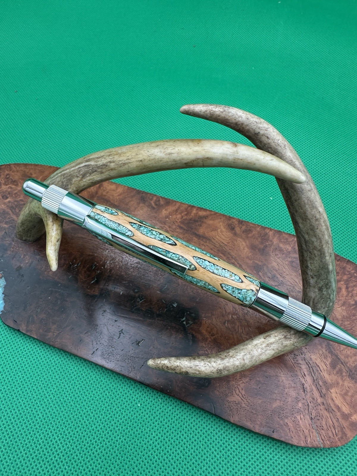 Hand Turned Mechanical Stratus Pencil With Cholla Cactus Inlaid Turquoise Chrome