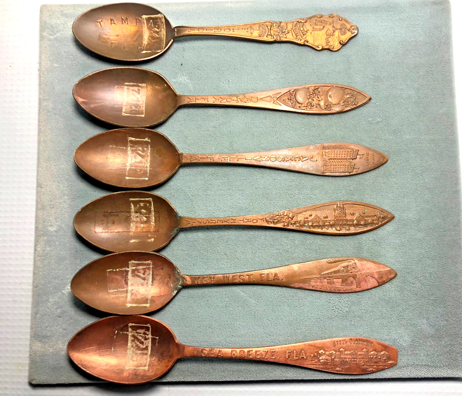 Vintage 1900's Florida Souvenir Copper Spoons Old Hotels - Lot of 6