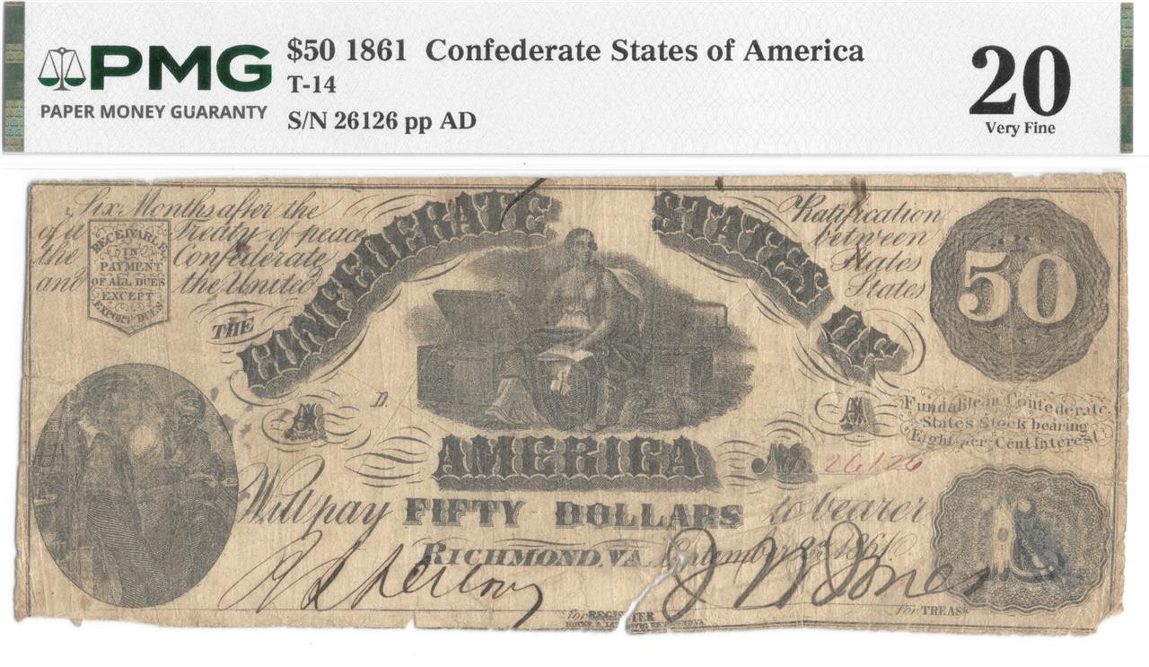 T-14 $50 Confederate 1861 PF-3 Rare Plate State No Flourishes Amer R11 PMG VF 20