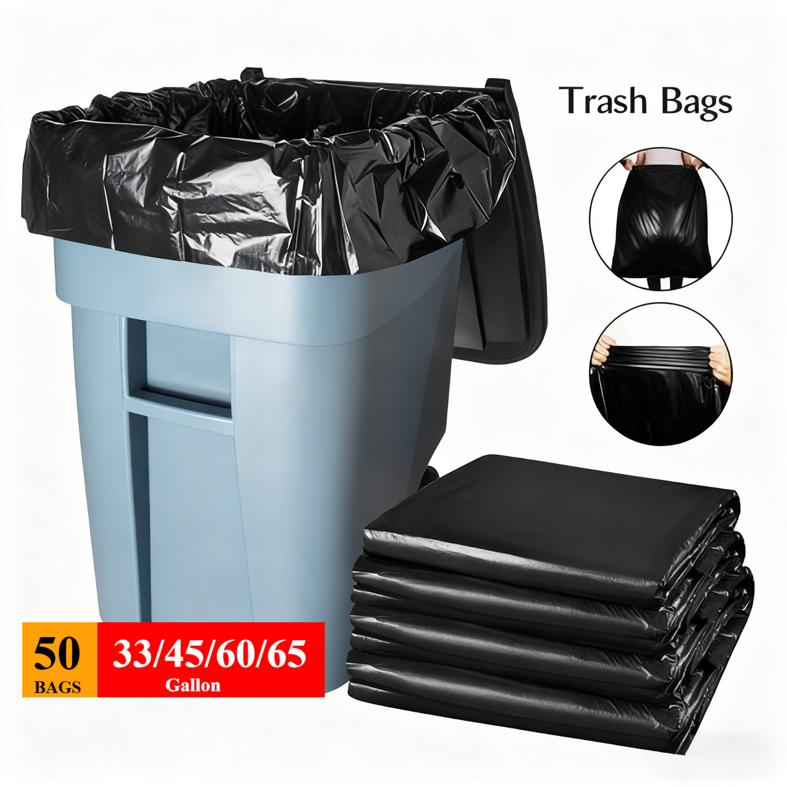 50Pcs Large 33/45/60/65 Gallon Trash Bags Heavy Duty 2MIL Garbage Kitchen Bags