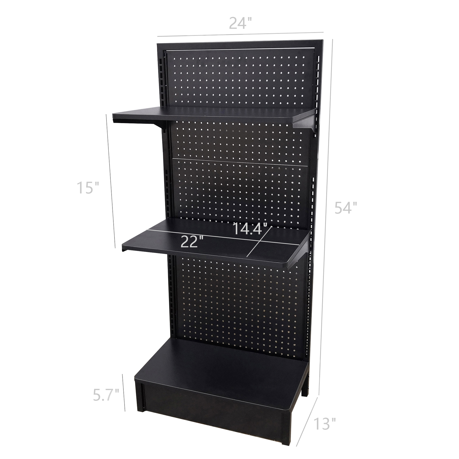 24.0" Wide Gondola Rack Stand with Two Shelves Black Pegboard Display