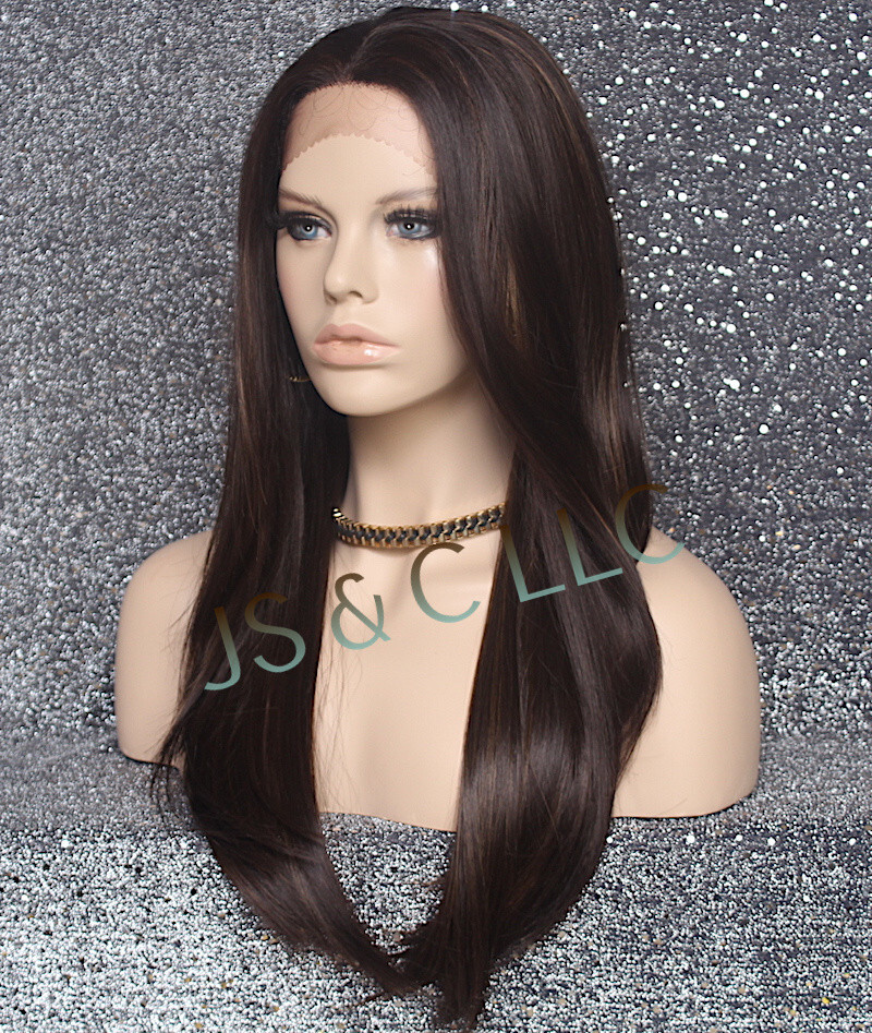 Long Straight Human Hair Blend Mono Top Full Lace Front Wig Brown mix 4-27 WBDL