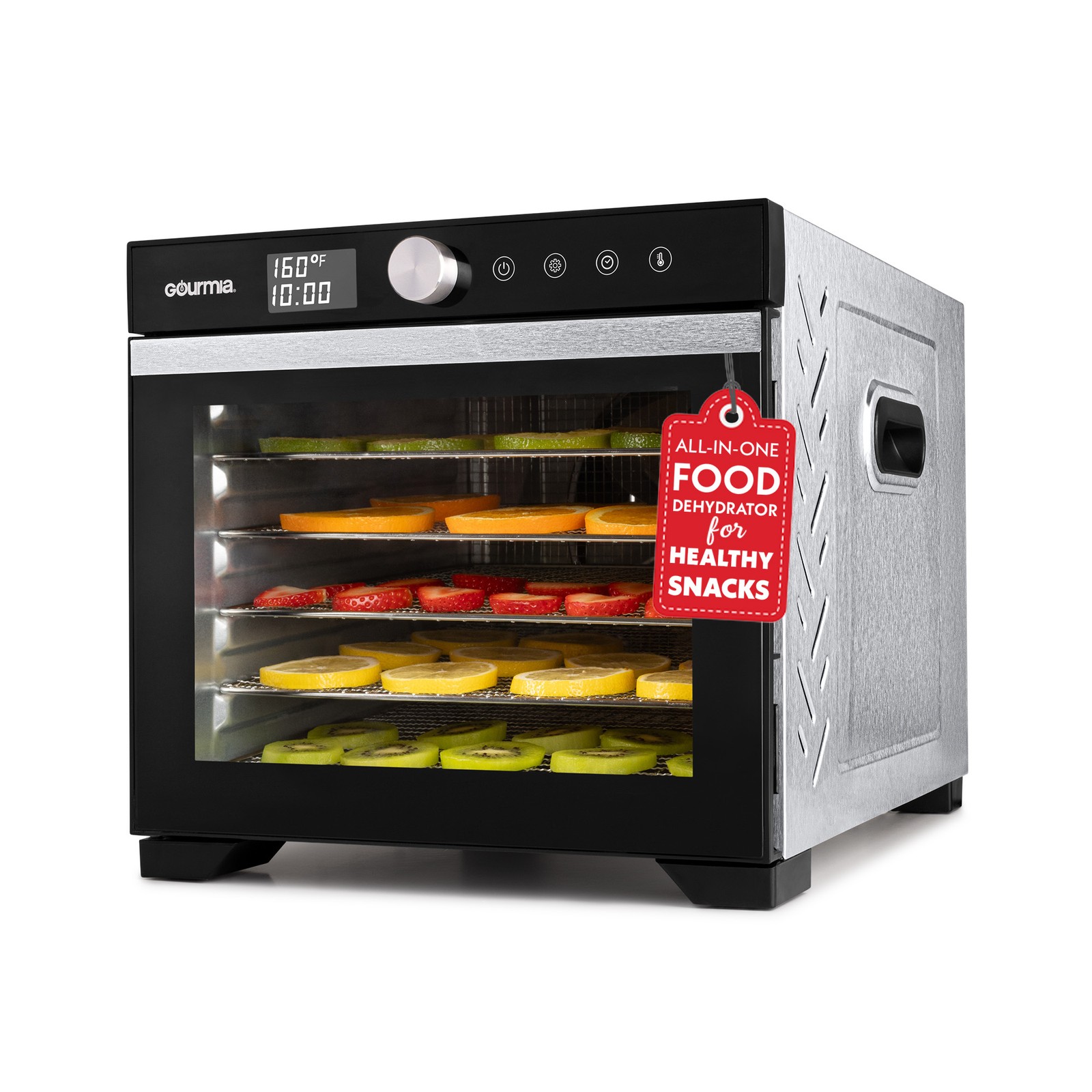 Gourmia 6 Tray Digital Food Dehydrator, Stainless Steel, Timer, Glass Door