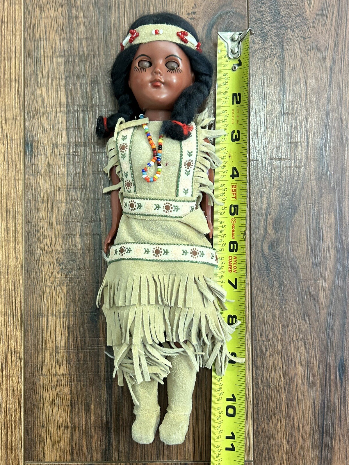 Vintage Native American Indian Sleepy Eye Doll Plastic W/ Leather Clothes Beads