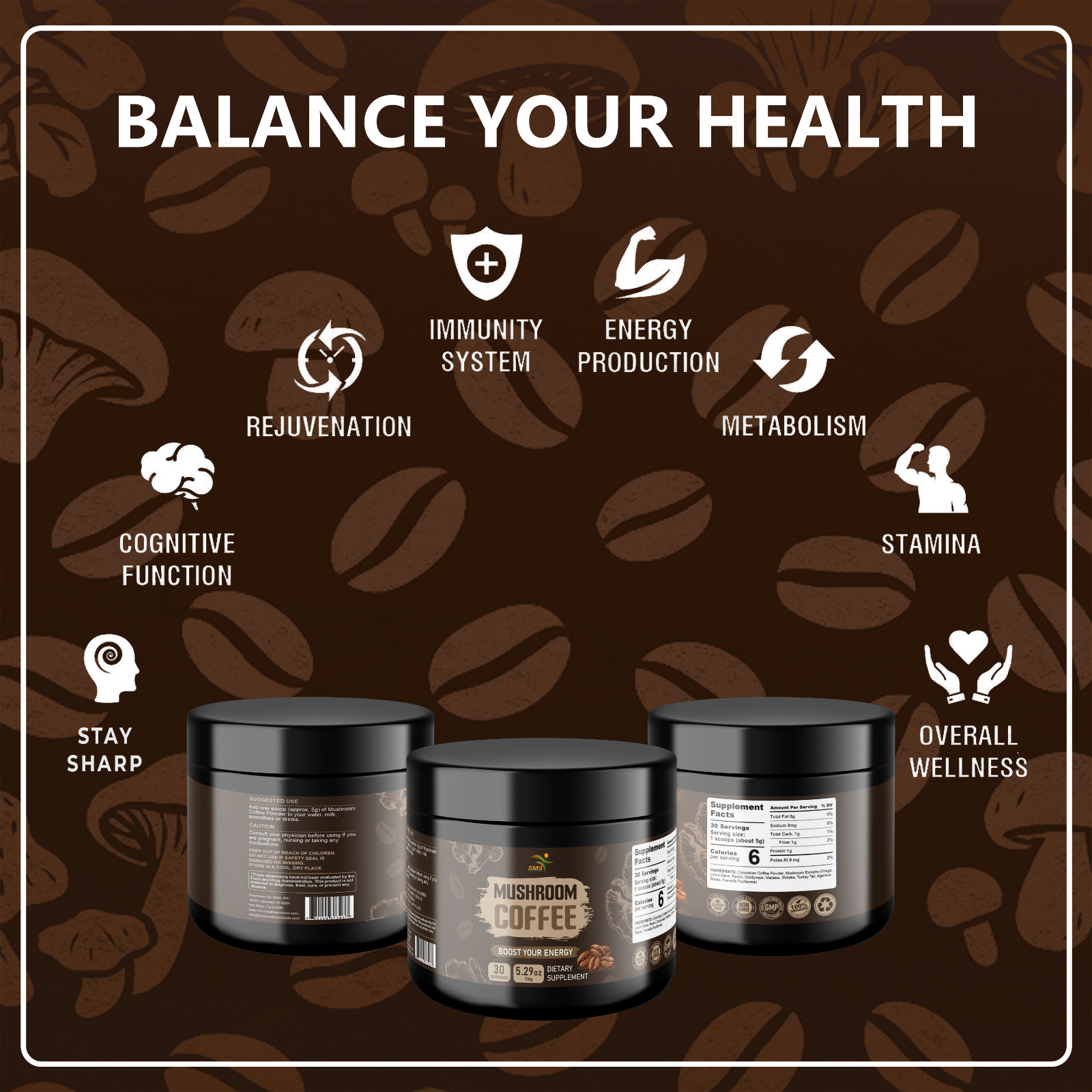 Organic Mushroom Coffee 9 Adaptogenic Mushroom 150g 30 Servings