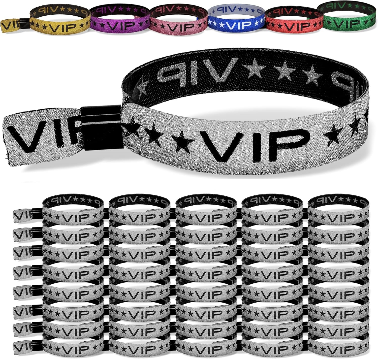 100 Pack Silver Sparkle VIP Party Wristbands with Secure Locking Clip. Must Have