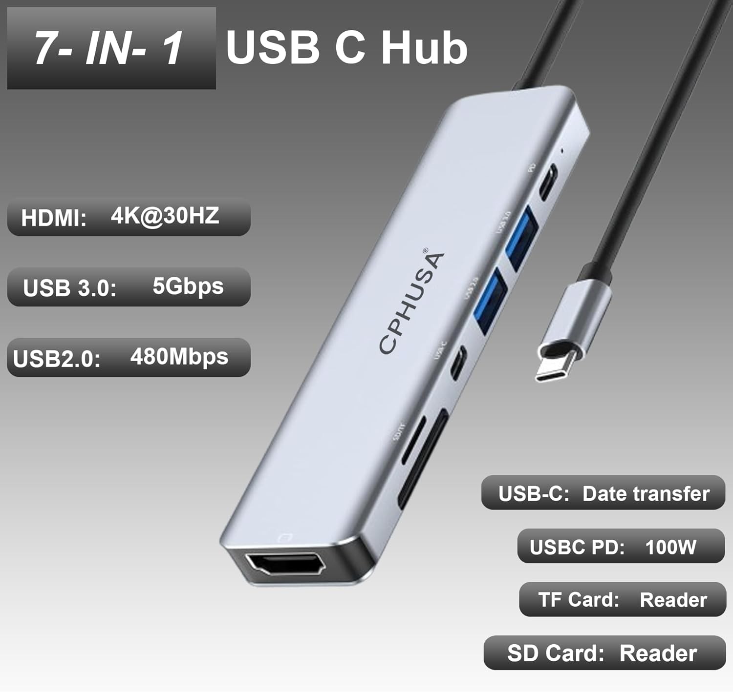 USB-C Hub 7-in-1 Multiport Adapter 4K@30Hz HDMI USB 3.0/USB 2.0/100W PD Charging